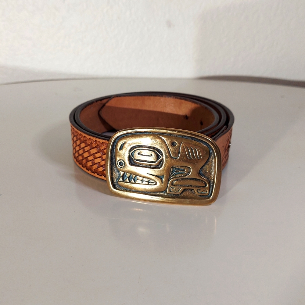 Vintage Tooled Tan Leather Rustic Belt With Brass Orca Buckle Men's Size 38